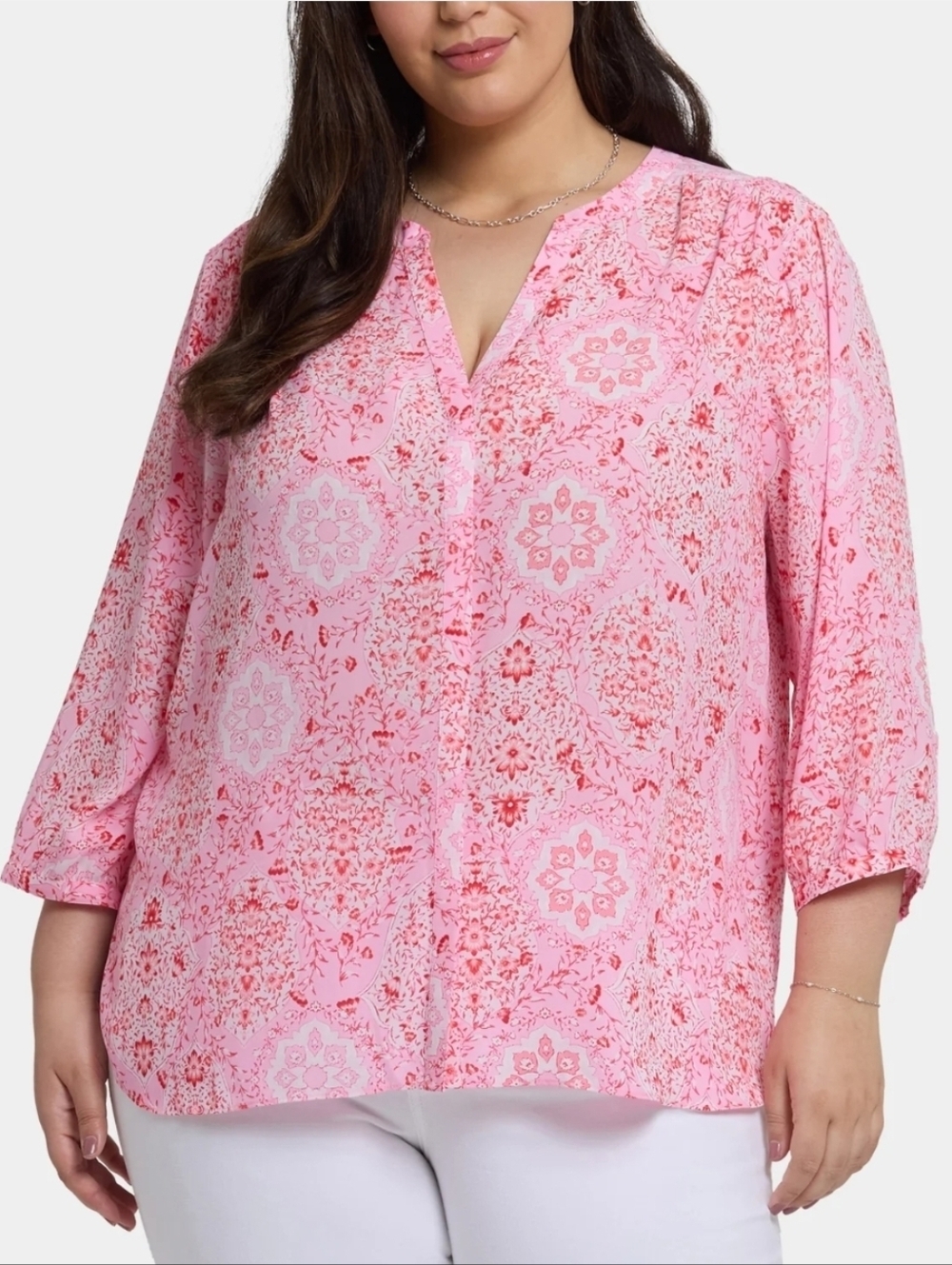 NYDJ Pink Printed V-Neck Tunic Top Pintuck Blouse  Plus Size 22w-24w